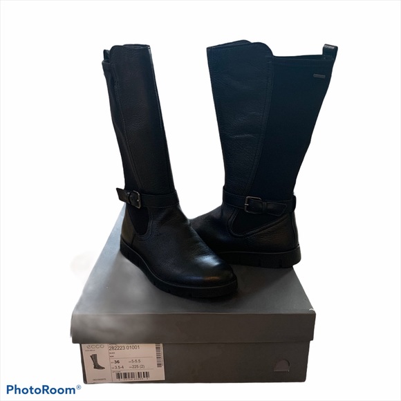 Ecco Bella GTX Tall Black Pebbled Grain Leather Boots US 5.5 E36 - Picture 1 of 9